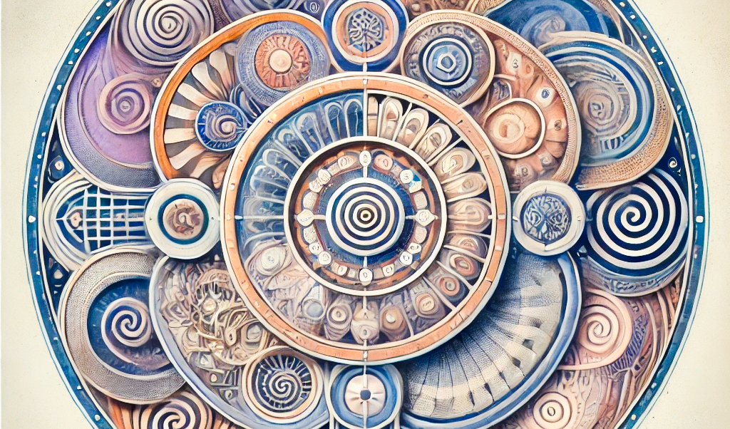 Mandala que representa a teoria psicanalítica de Carl Gustav Jung, com design simbólico, circular, com elementos que representem o self, a totalidade e a integração da psique. Cores suaves e harmônicas, com detalhes arquetípicos como espirais e labirintos.