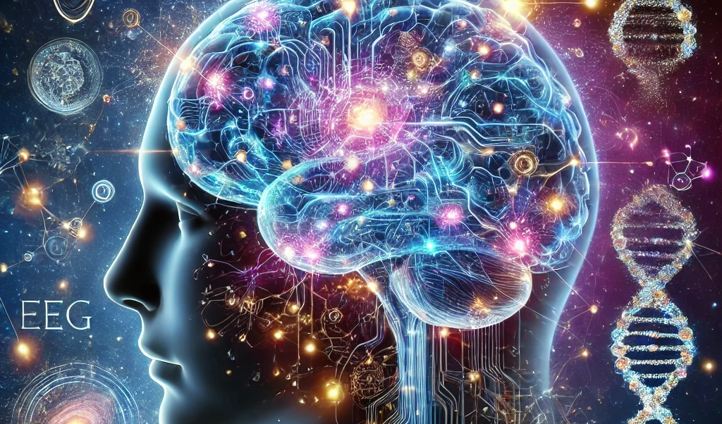 Uma ilustração futurista e detalhada representando o cérebro humano como um universo complexo, com redes neurais brilhantes que se conectam como galáxias. Ilustra neurônios com sinapses elétricas pulsantes em tons de azul, roxo e dourado, fundindo biologia e tecnologia. Inclui elementos como: Um cérebro transparente com circuitos luminosos simbolizando neuroplasticidade. Pequenos ícones de DNA flutuando ao redor, integrando genética e cognição. Hologramas de gráficos científicos (ondas cerebrais, fMRI, EEG) sobrepostos. Fios de conexão neural que lembram redes de internet, representando comunicação sináptica. Fundo cósmico com partículas brilhantes, simbolizando a mente em expansão.