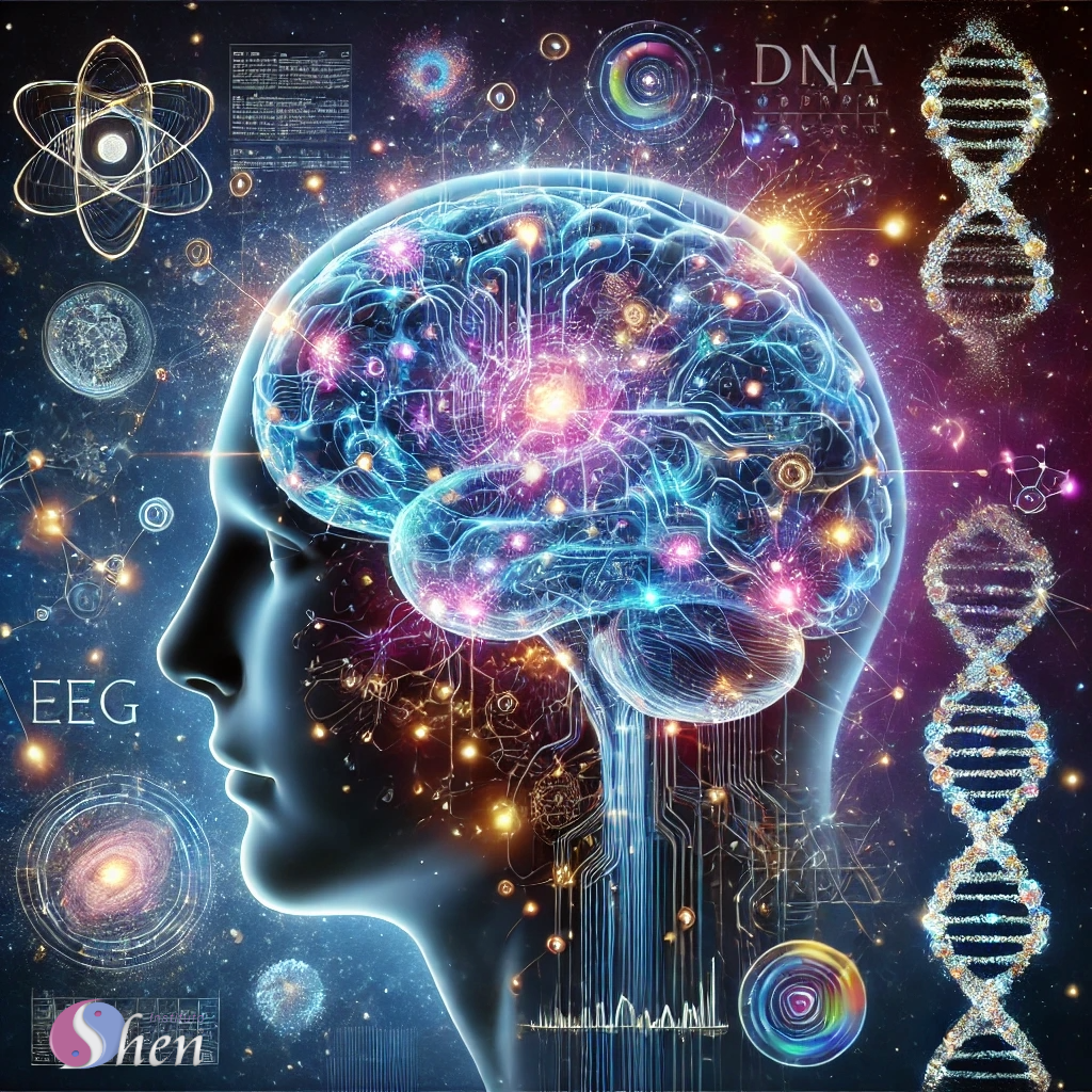 Uma ilustração futurista e detalhada representando o cérebro humano como um universo complexo, com redes neurais brilhantes que se conectam como galáxias. Ilustra neurônios com sinapses elétricas pulsantes em tons de azul, roxo e dourado, fundindo biologia e tecnologia. Inclui elementos como: Um cérebro transparente com circuitos luminosos simbolizando neuroplasticidade. Pequenos ícones de DNA flutuando ao redor, integrando genética e cognição. Hologramas de gráficos científicos (ondas cerebrais, fMRI, EEG) sobrepostos. Fios de conexão neural que lembram redes de internet, representando comunicação sináptica. Fundo cósmico com partículas brilhantes, simbolizando a mente em expansão.